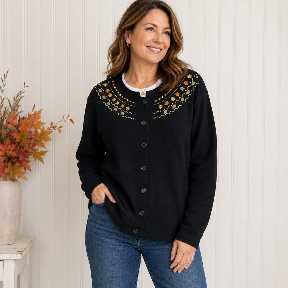 Speculation Womens XL Cardigan Black Embroidered Fall Leaves Button Front 90s...